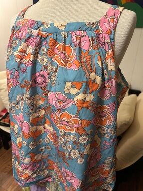 Emery Rose Floral Tank Top in Sky Blue with Pink & Orange Flowers & Birds